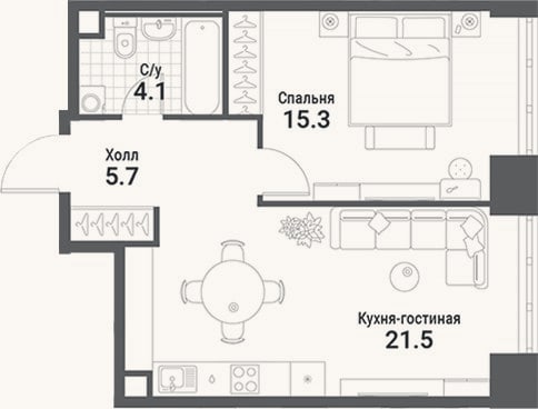 Планировка: 2-к, 46,6 м²