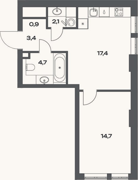 Планировка: 2-к, 43,2 м²