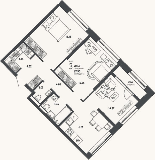 Планировка: 3-к, 67,9 м²