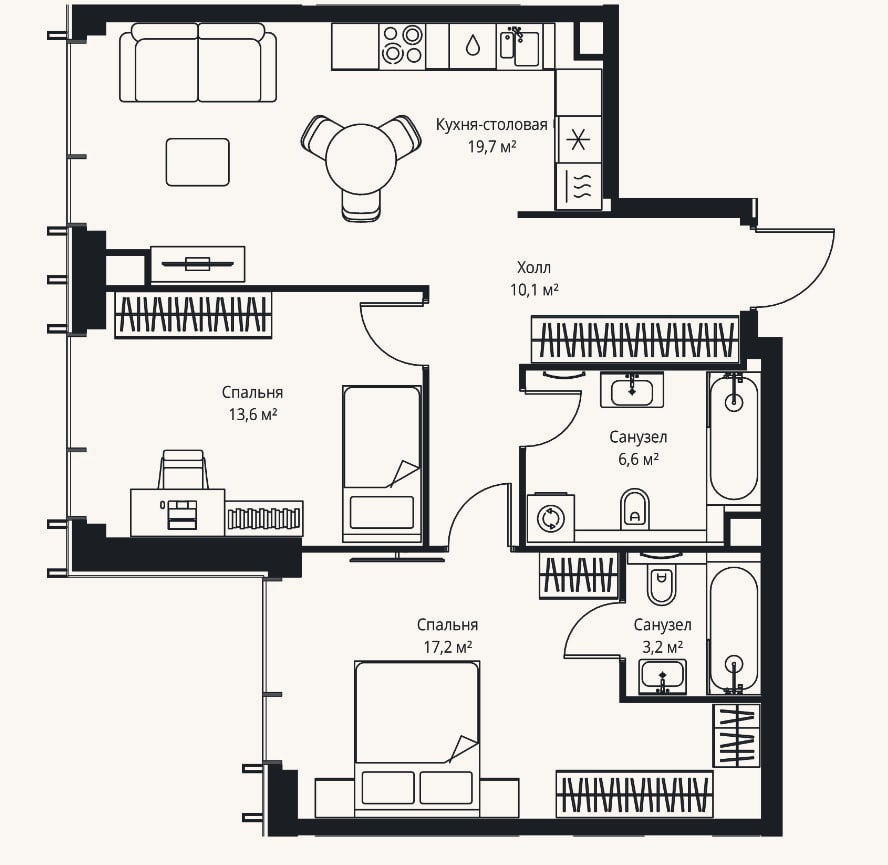 Планировка: 2-к, 70,4 м²