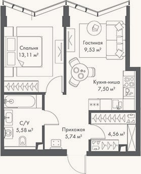 Планировка: 2-к, 46 м²