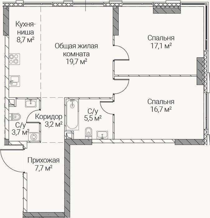 Планировка: 3-к, 82,3 м²