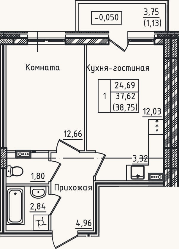 Планировка: 2-к, 37,6 м²