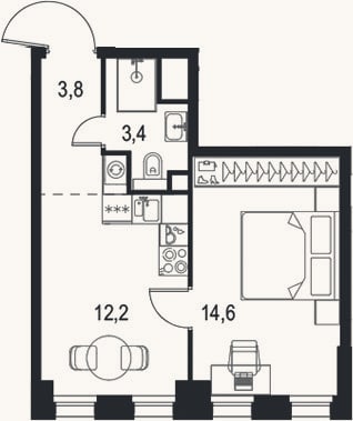 Планировка: 1-к, 34 м²