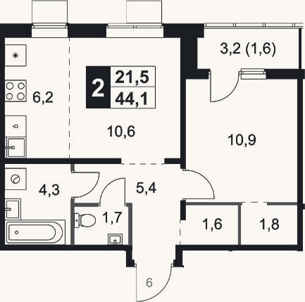 Планировка: 2-к, 42,5 м²