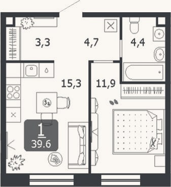 Планировка: 2-к, 39,6 м²