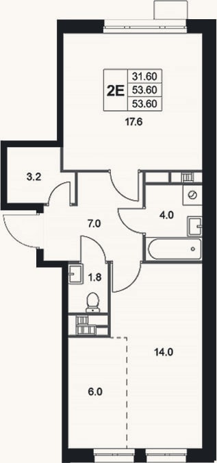 Планировка: 2-к, 53,6 м²