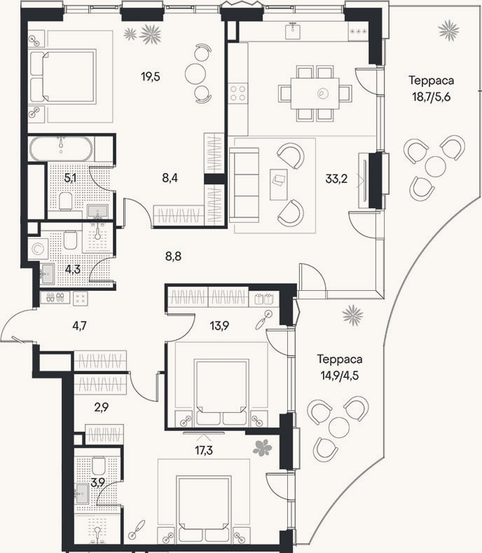 Планировка: 4+ к, 121,9 м²