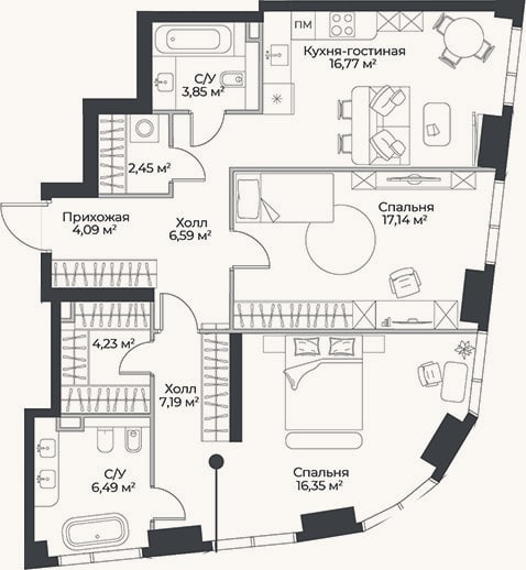 Планировка: 3-к, 85,2 м²
