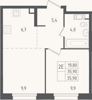 Планировка: 2-к, 35,9 м²