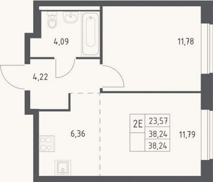 Планировка: 2-к, 38,2 м²