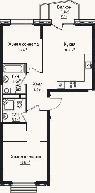 Планировка: 2-к, 56,4 м²