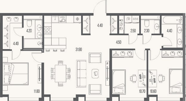Планировка: 3-к, 91,7 м²