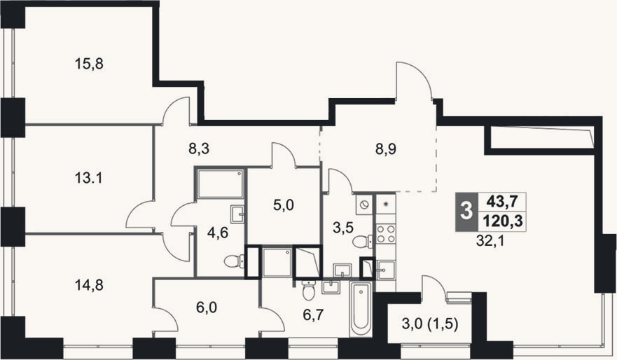 Планировка: 4+ к, 118,8 м²