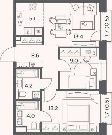 Планировка: 3-к, 57,5 м²