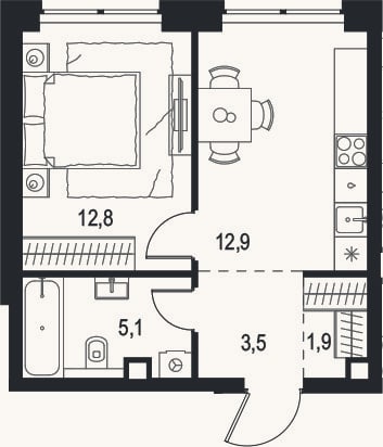 Планировка: 1-к, 36,2 м²