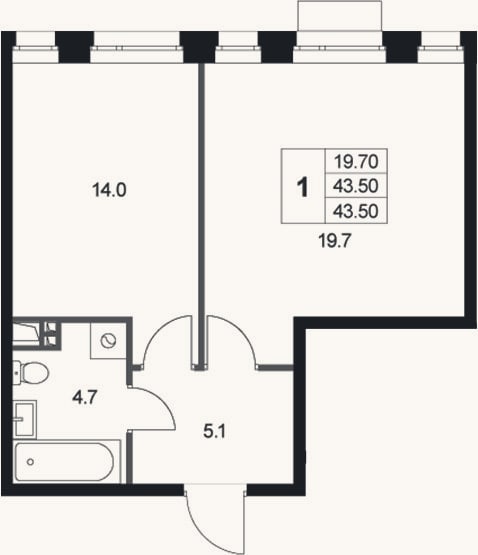 Планировка: 1-к, 43,5 м²