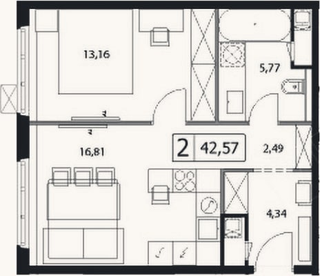 Планировка: 2-к, 42,6 м²