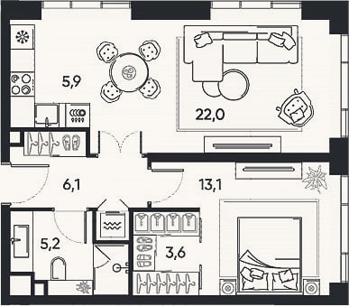 Планировка: 2-к, 55,9 м²