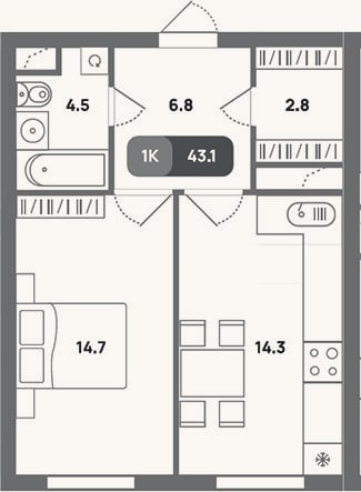 Планировка: 1-к, 43,1 м²