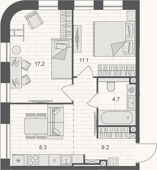 Планировка: 2-к, 50,5 м²