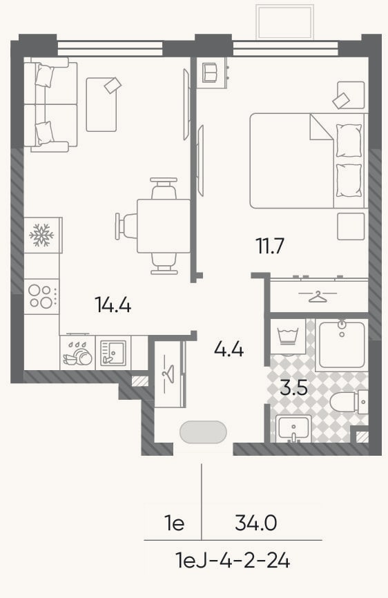 Планировка: 2-к, 34 м²