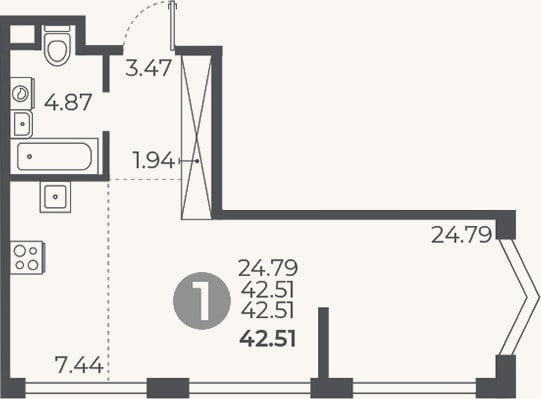 Планировка: Студия, 42,5 м²