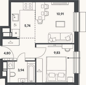 Планировка: 2-к, 35,2 м²