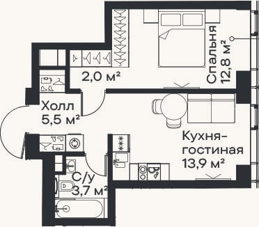 Планировка: 2-к, 37,9 м²
