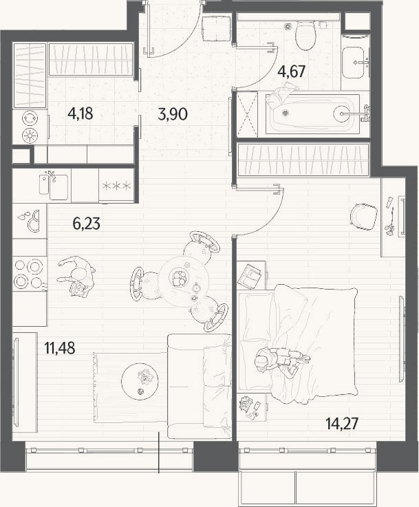 Планировка: 2-к, 44,7 м²