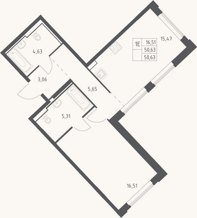 Планировка: 2-к, 50,6 м²