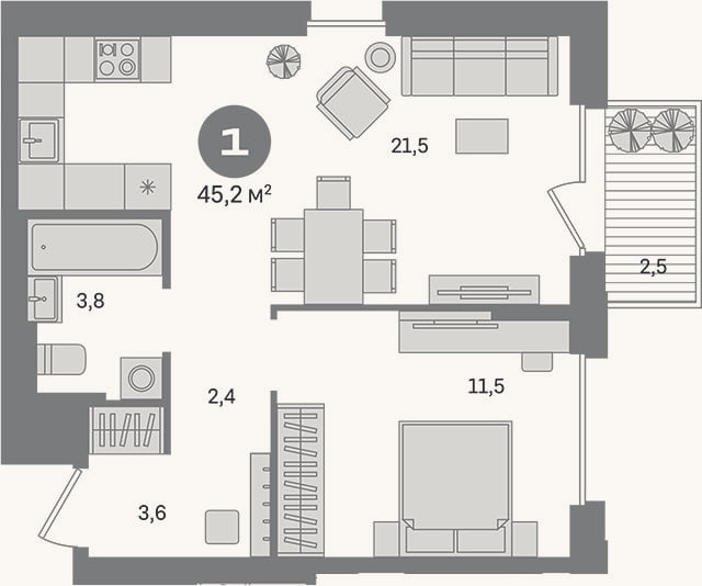 Планировка: 1-к, 42,7 м²