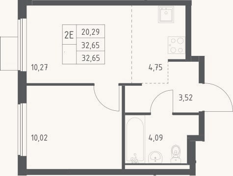Планировка: 2-к, 32,7 м²