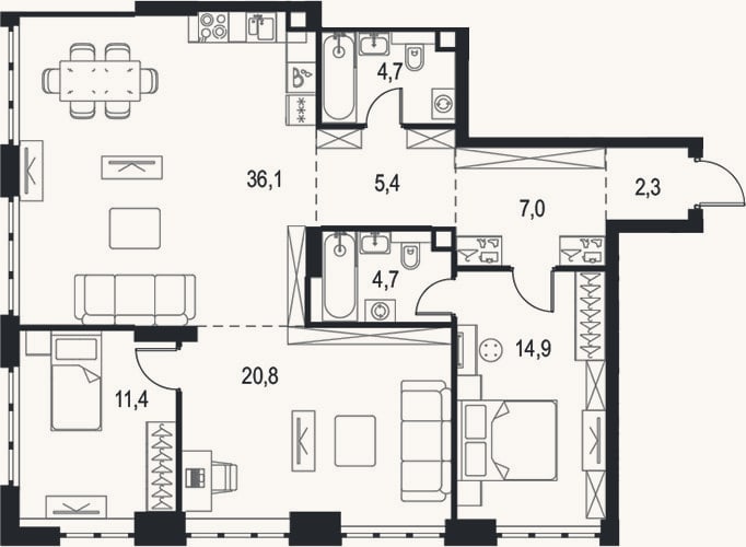 Планировка: 4+ к, 107,3 м²