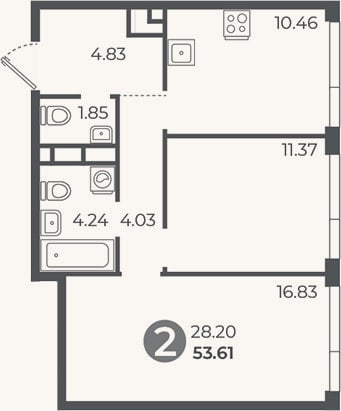 Планировка: 2-к, 53,6 м²