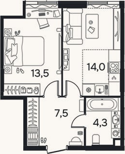 Планировка: 1-к, 39,1 м²