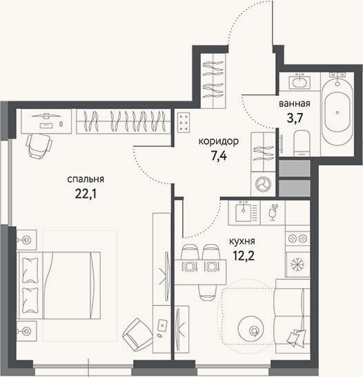 Планировка: 1-к, 45,4 м²