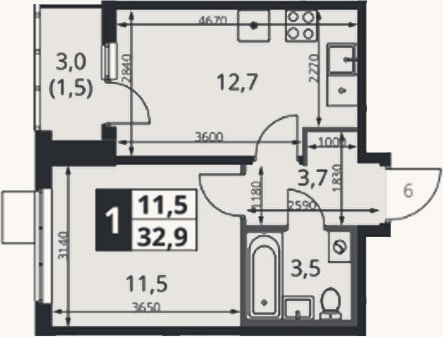 Планировка: 1-к, 31,4 м²