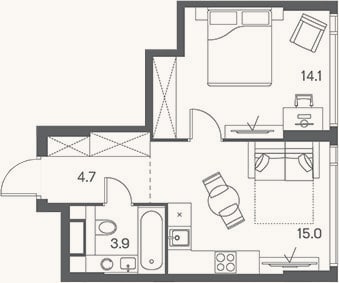 Планировка: 2-к, 37,7 м²