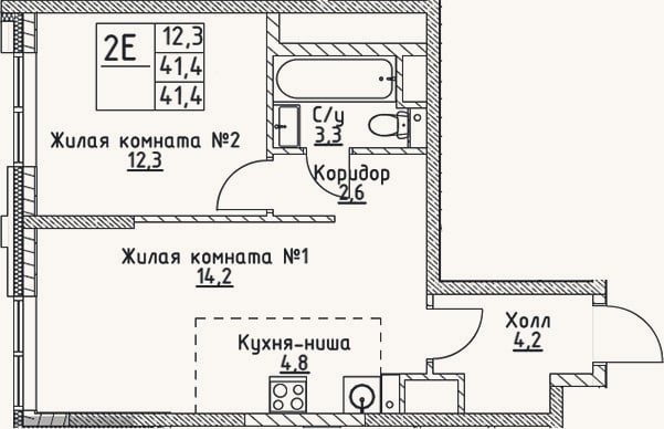 Планировка: 2-к, 41,4 м²