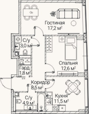 Планировка: 2-к, 59,5 м²