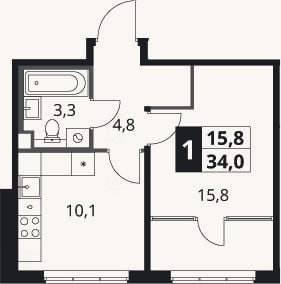 Планировка: 1-к, 34 м²
