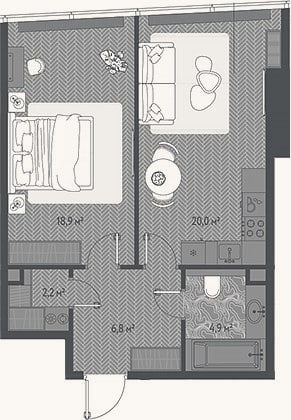 Планировка: 2-к, 52,8 м²