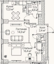 Планировка: 2-к, 62,9 м²
