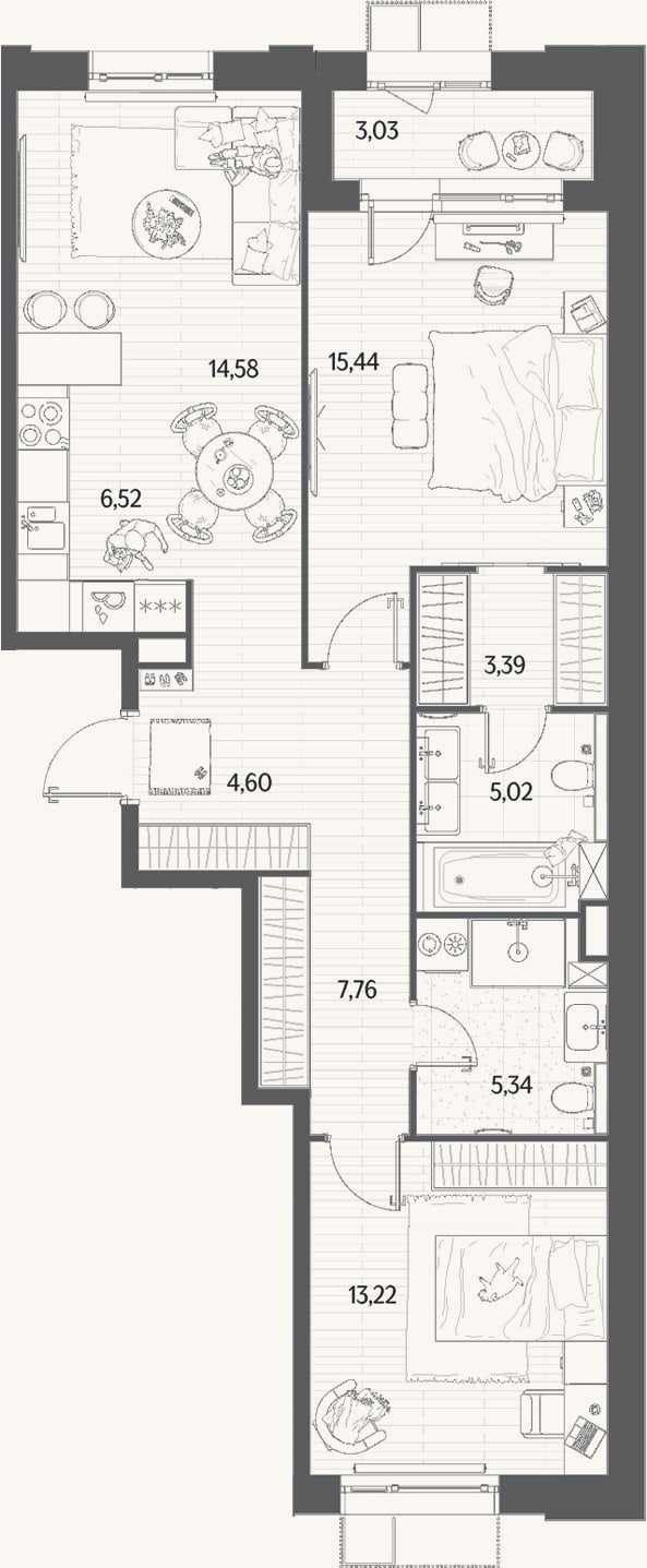 Планировка: 3-к, 75,9 м²