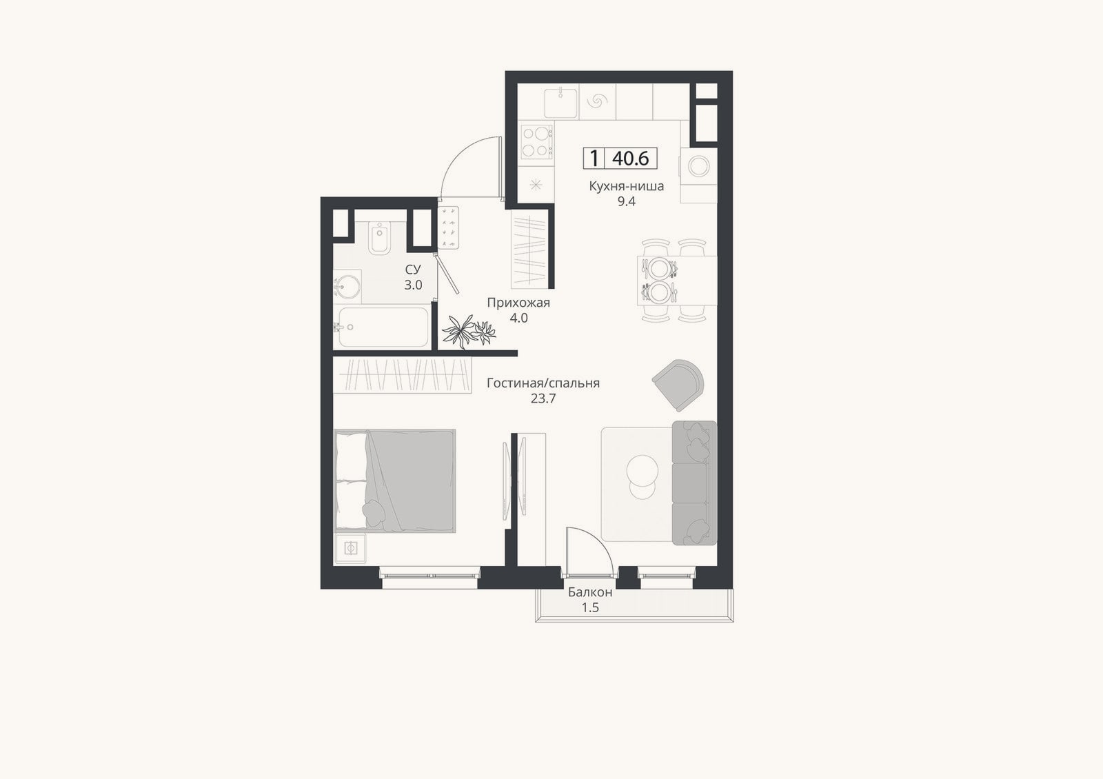 Планировка: Студия, 40,1 м²