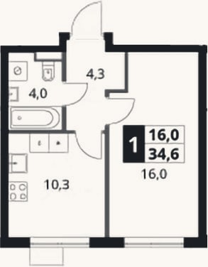 Планировка: 1-к, 34,6 м²