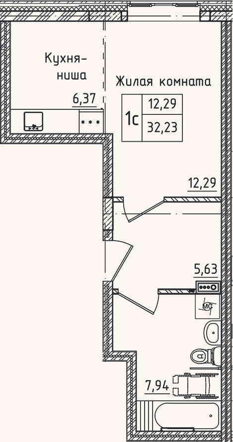 Планировка: Студия, 32,2 м²