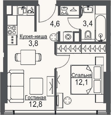 Планировка: 2-к, 36,7 м²