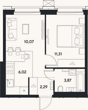 Планировка: 2-к, 33,6 м²